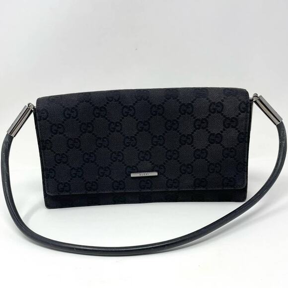 Gucci Handbags - Gucci Vintage Monogram GG Flap Shoulder Bag Baguette Canvas Leather Black Silver